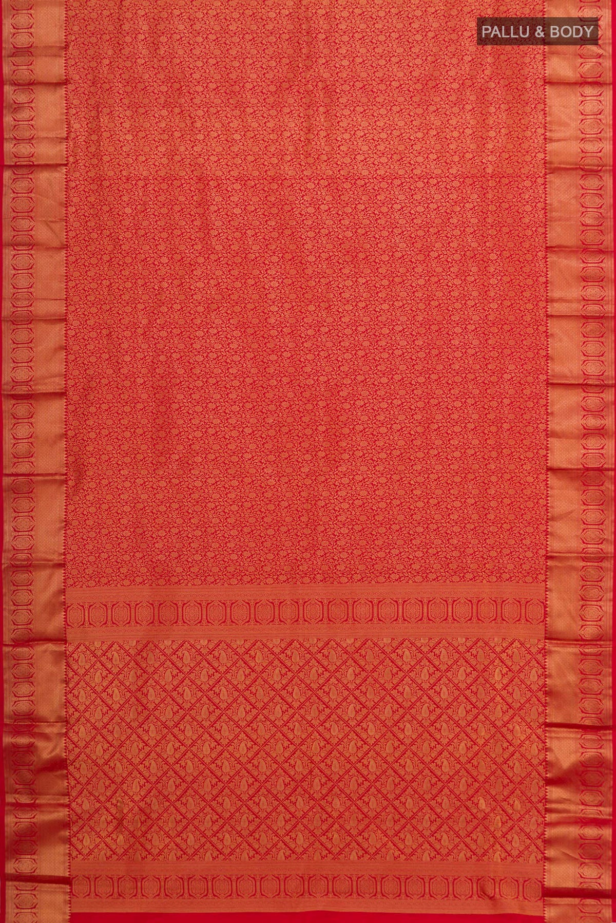 Flat view of Pure Silk Red Kanjivaram Saree with Zari Brocade on the body and Zari Border. 