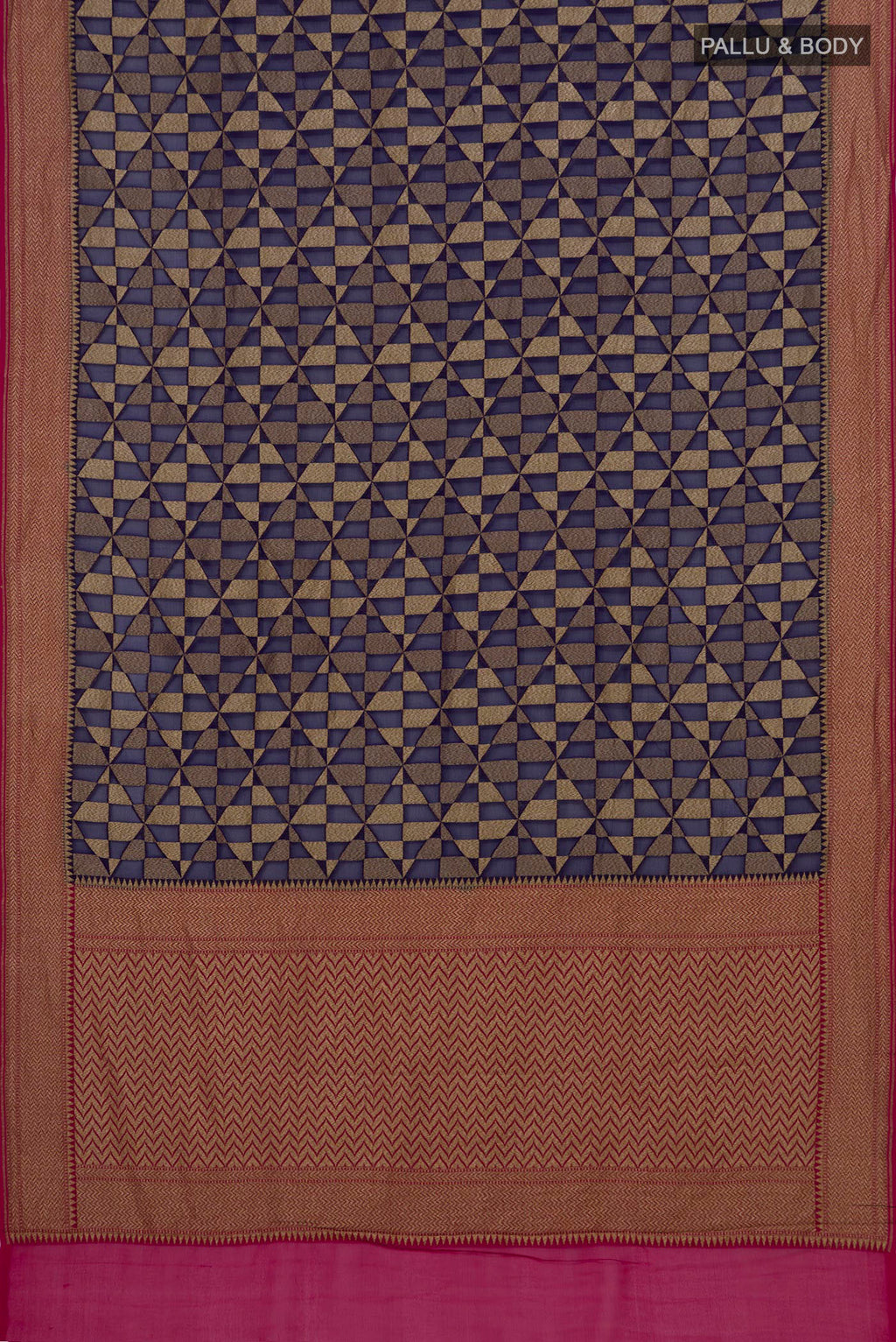 Flat view of Navy Blue Banarasi Georgette Saree with Fancy on the body and Zari Border. 