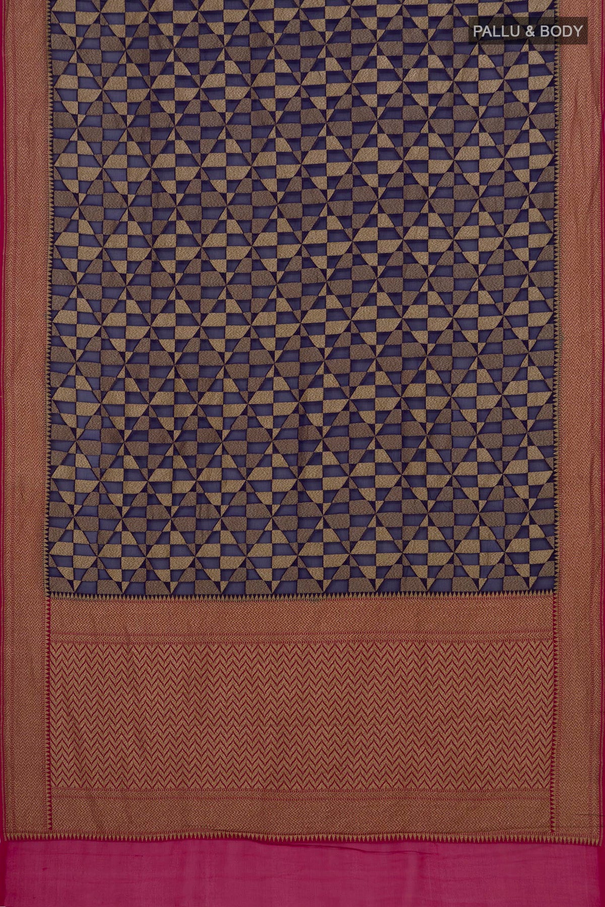 Flat view of Navy Blue Banarasi Georgette Saree with Fancy on the body and Zari Border. 