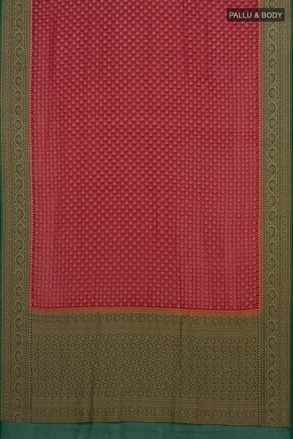 Flat view of Red Banarasi Georgette Saree with Zari Butta on the body and Fancy Border. 