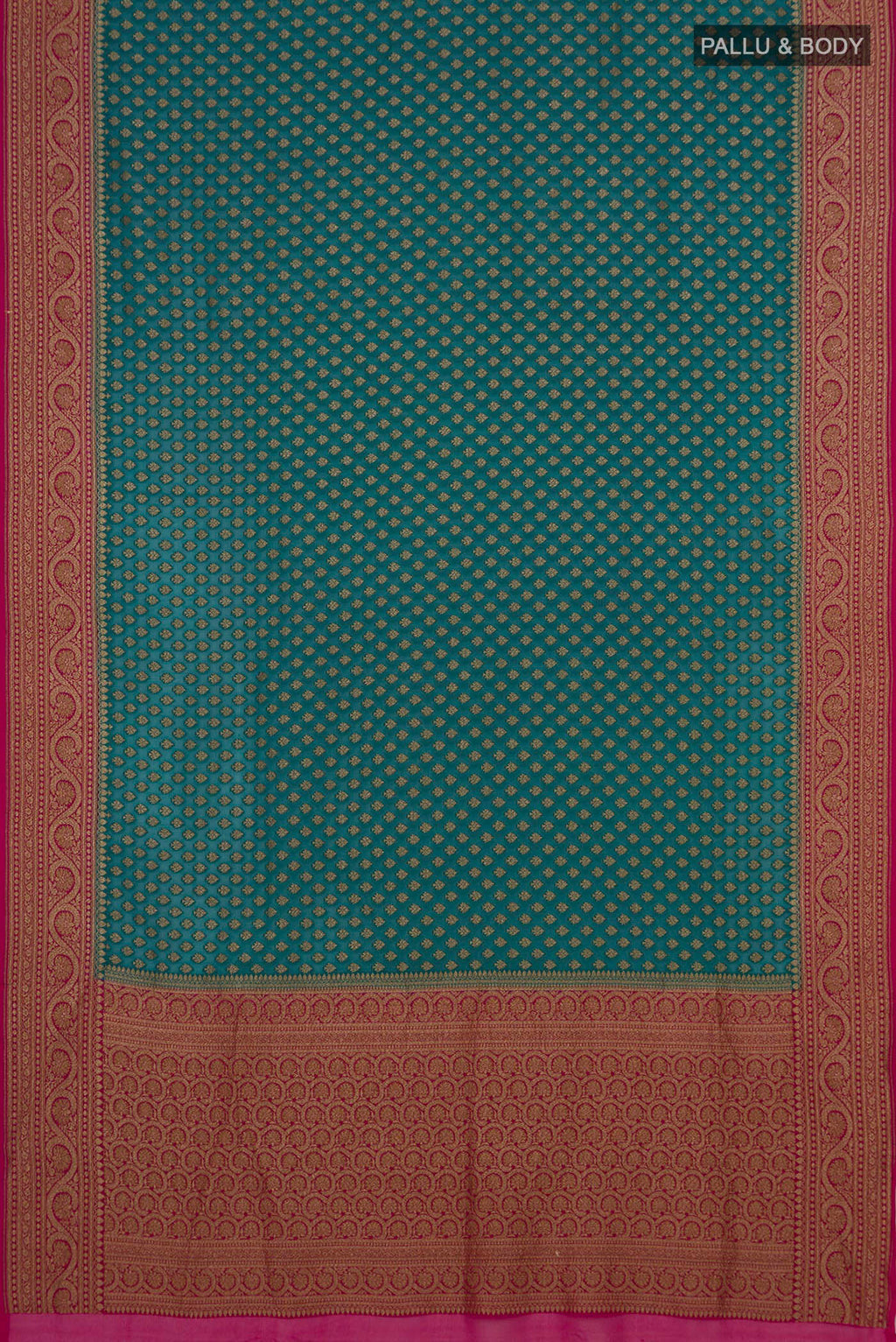 Flat view of Teal Banarasi Georgette Saree with Zari Butta on the body and Fancy Border. 