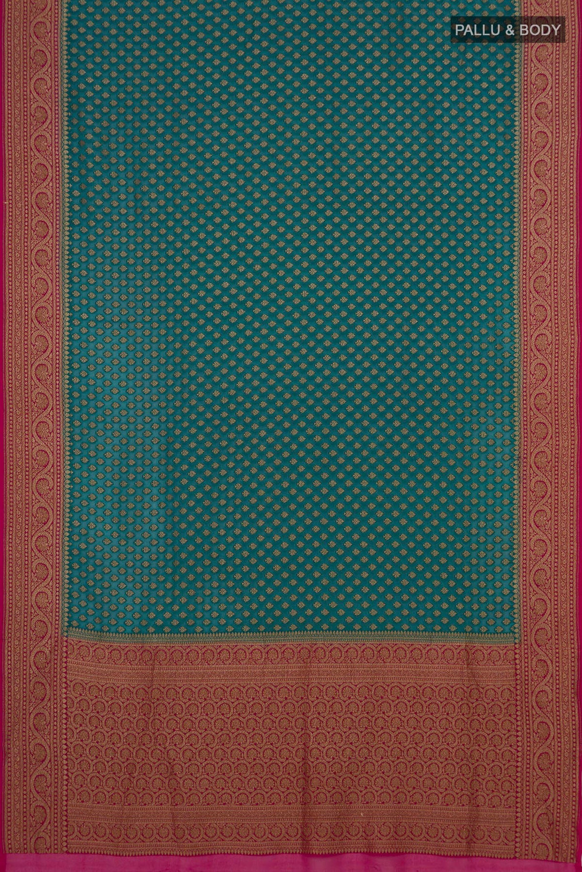 Flat view of Teal Banarasi Georgette Saree with Zari Butta on the body and Fancy Border. 