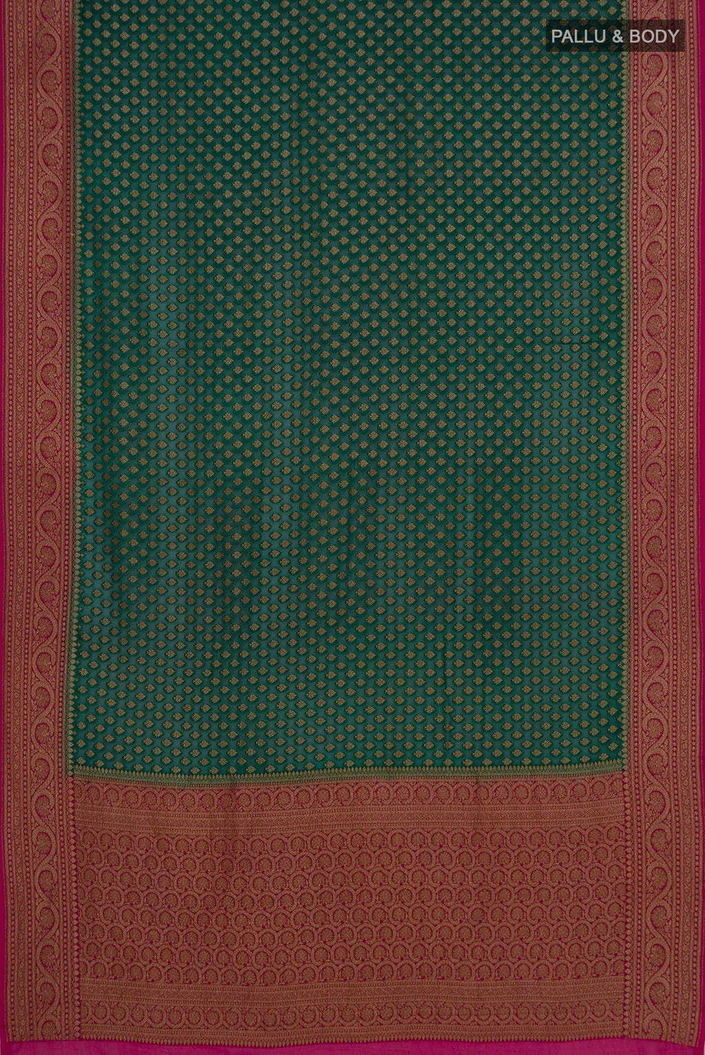 Flat view of Green Banarasi Georgette Saree with Zari Butta on the body and Zari Border. 