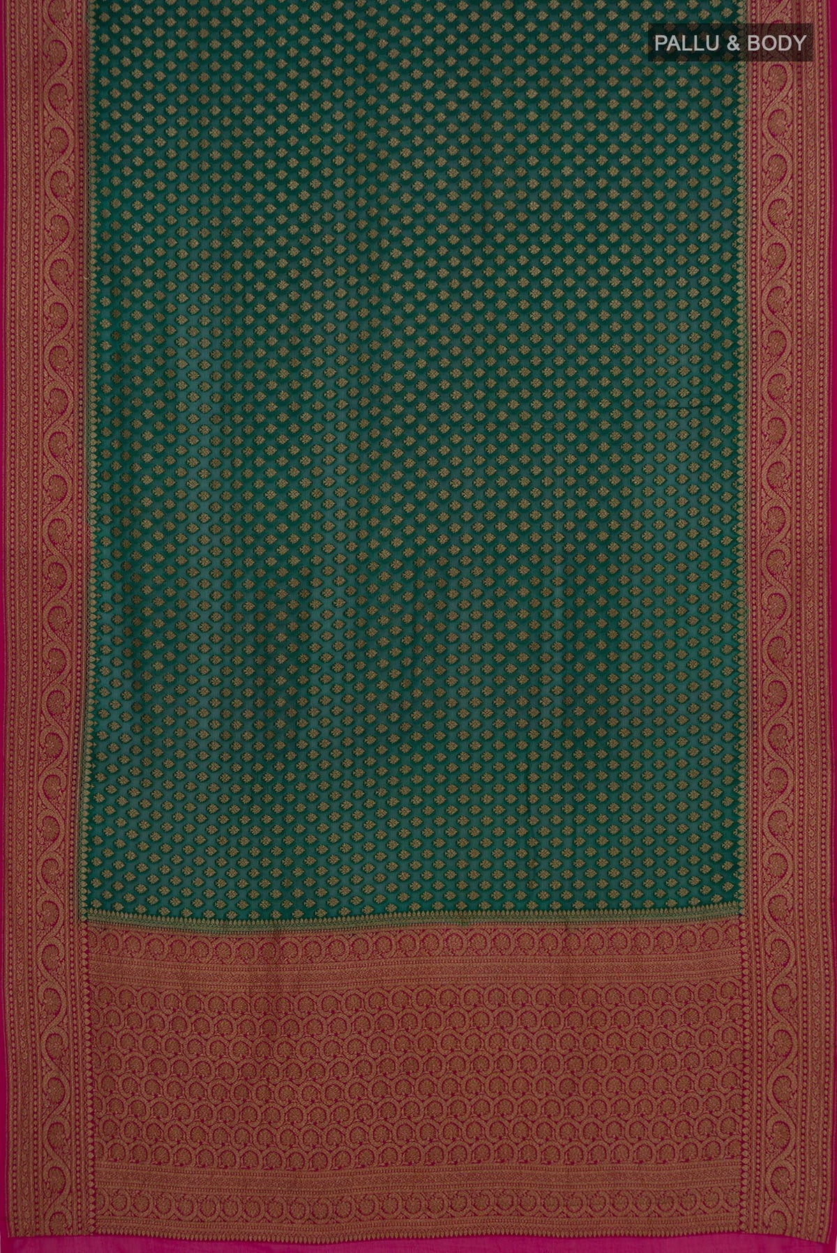 Flat view of Green Banarasi Georgette Saree with Zari Butta on the body and Zari Border. 