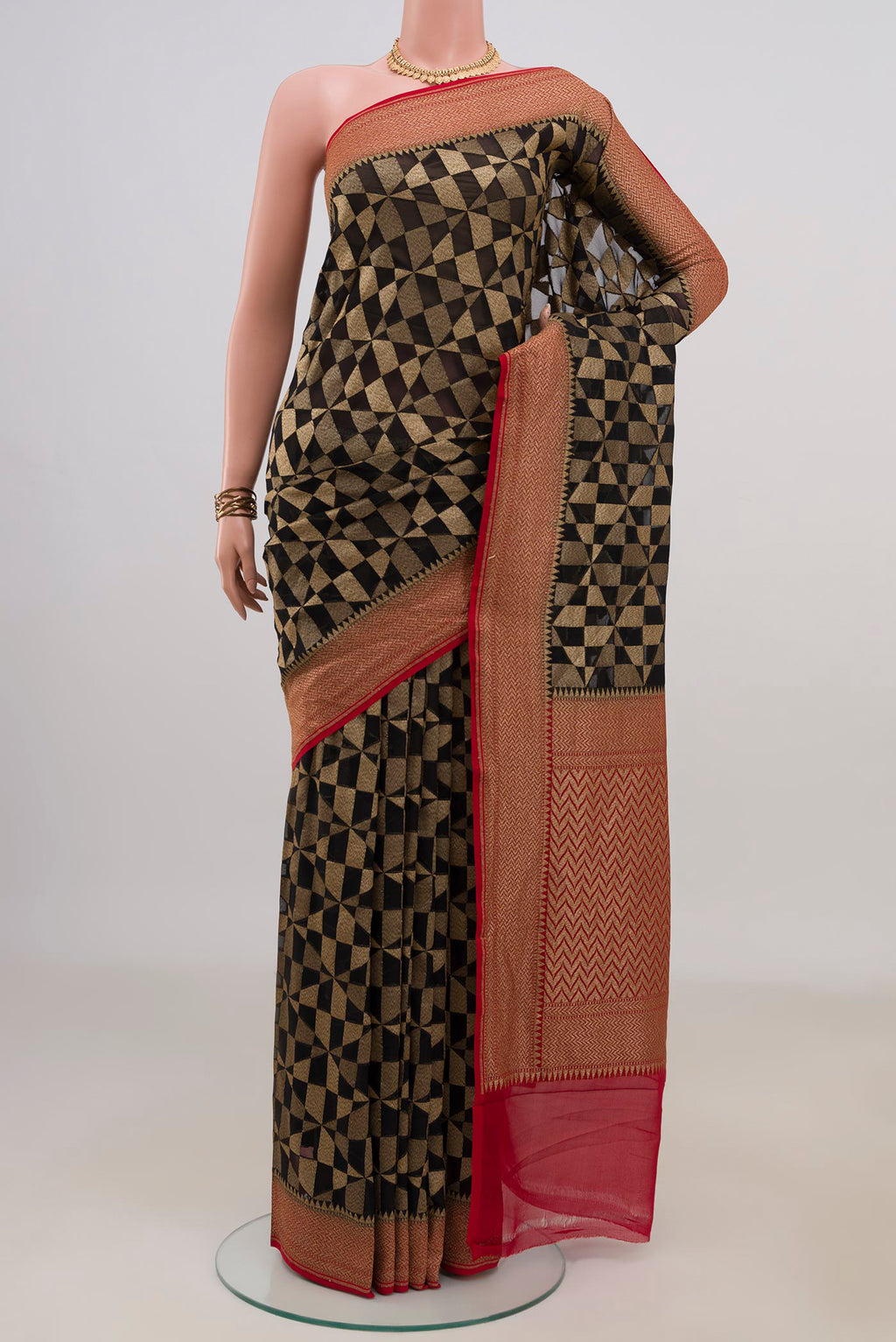 Black Banarasi Georgette Saree with Zari Brocade on the body and Fancy Border.  displayed on a mannequin