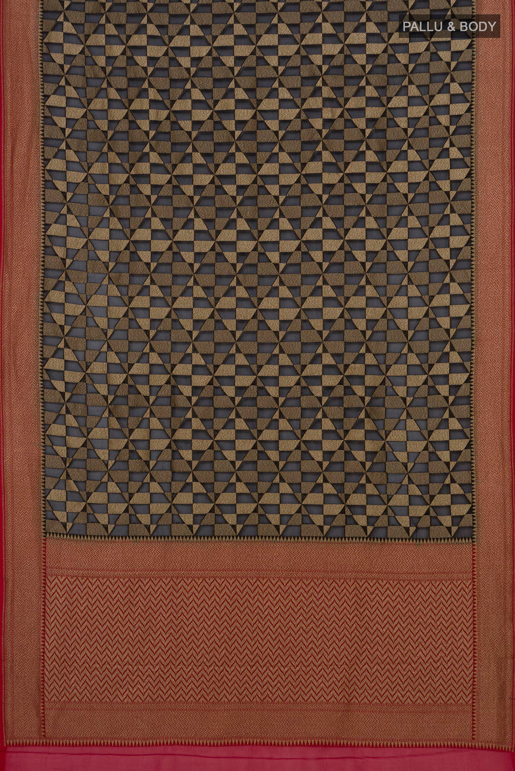 Flat view of Black Banarasi Georgette Saree with Zari Brocade on the body and Fancy Border. 