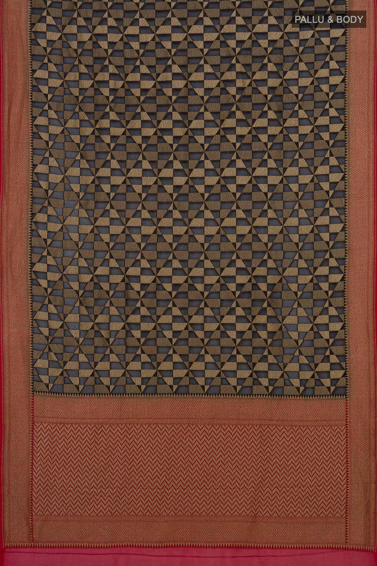 Flat view of Black Banarasi Georgette Saree with Zari Brocade on the body and Fancy Border. 