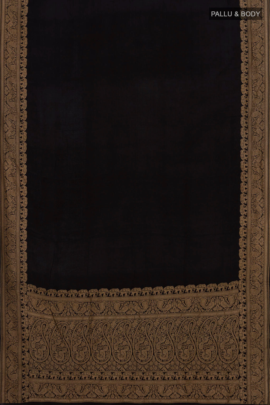 Flat view of Black Banarasi Georgette Saree with Plain Body and Fancy Border. 