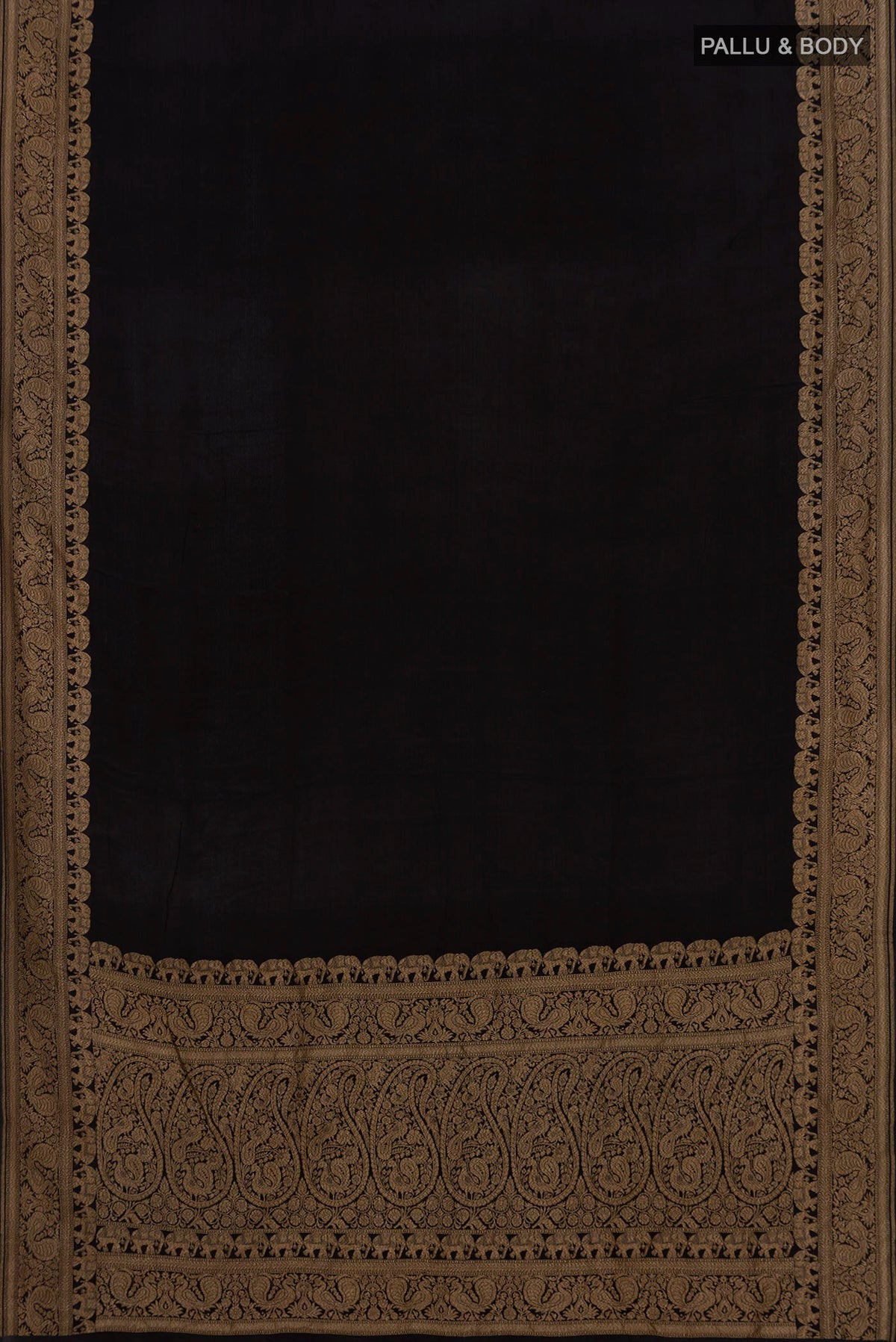 Flat view of Black Banarasi Georgette Saree with Plain Body and Fancy Border. 