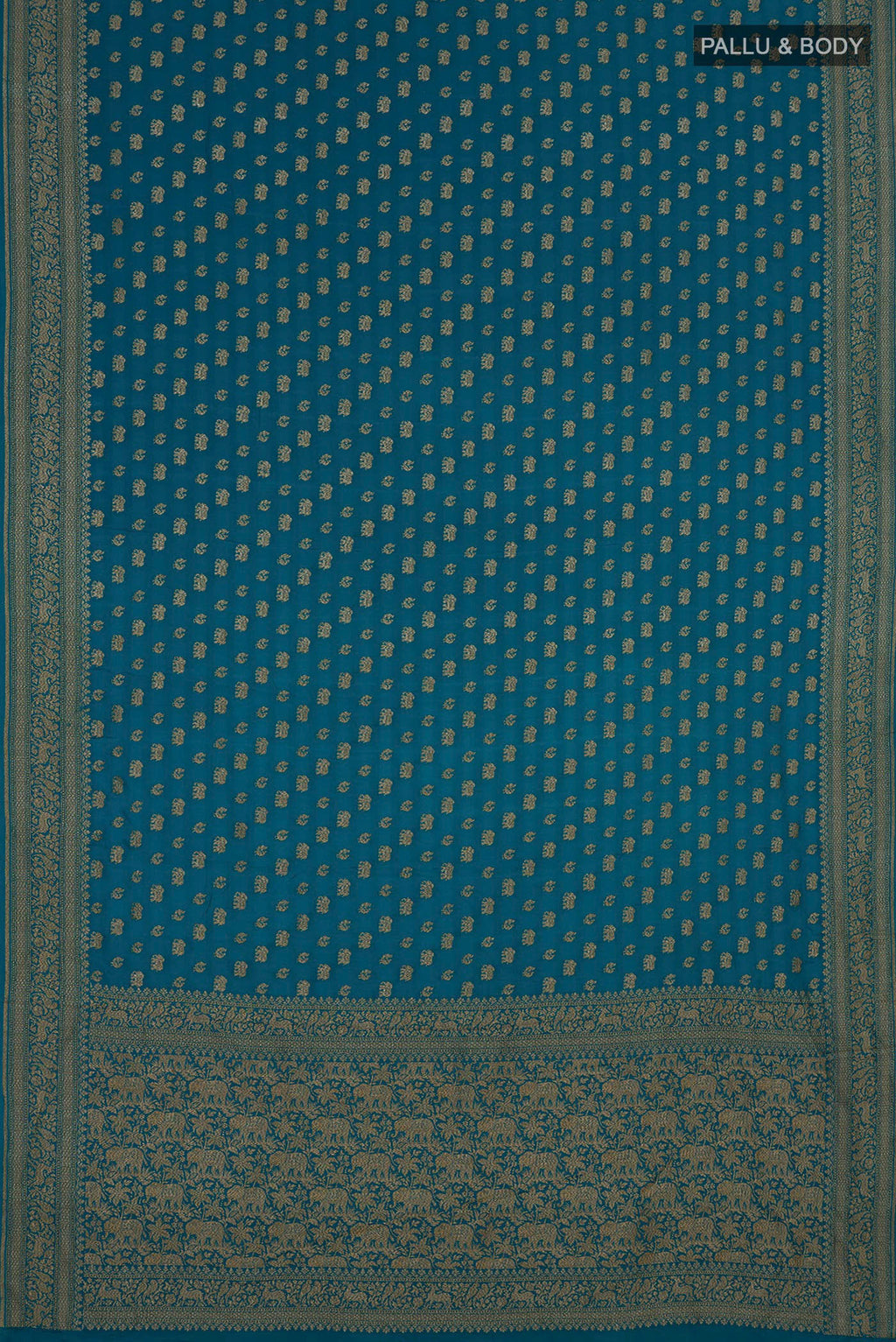 Flat view of Blue Banarasi Georgette Saree with Zari Butta on the body and Zari Border. 