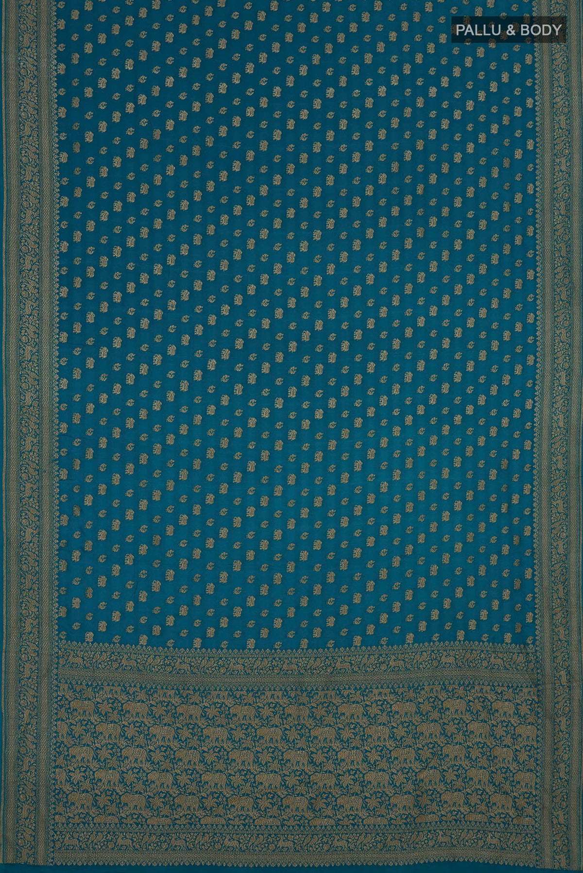 Flat view of Blue Banarasi Georgette Saree with Zari Butta on the body and Zari Border. 