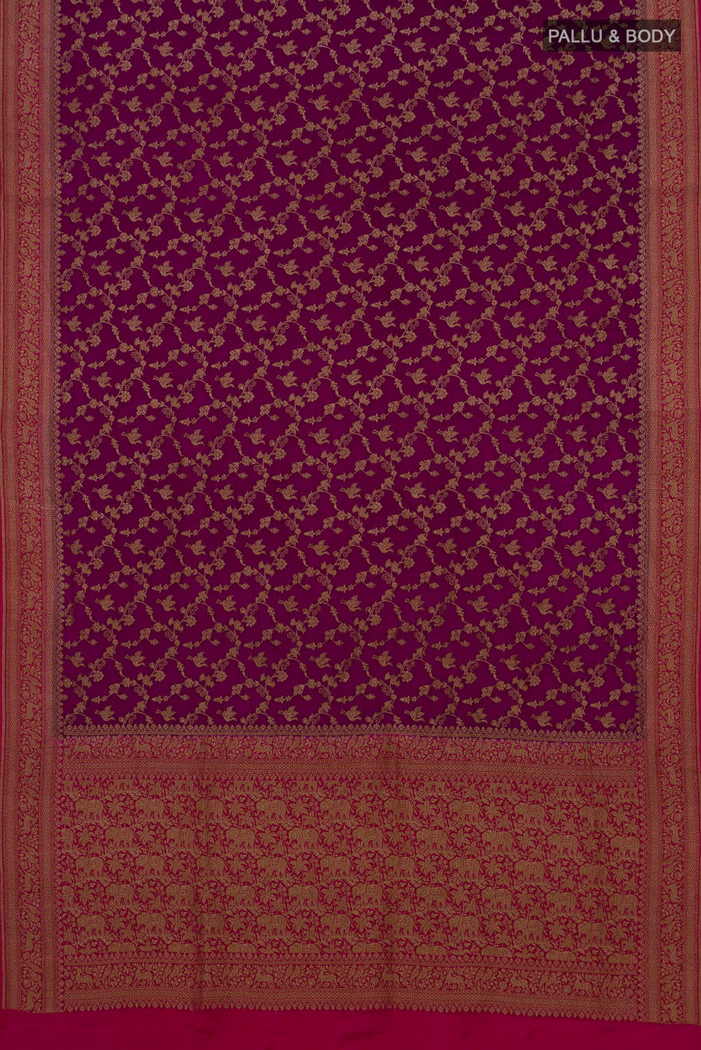 Flat view of Magenta Banarasi Georgette Saree with Zari Brocade on the body and Zari Border. 