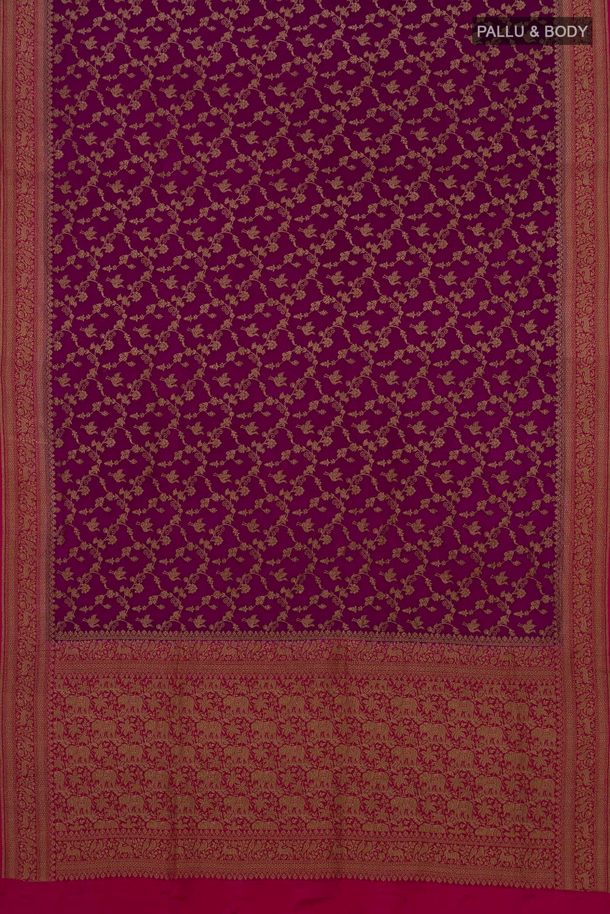 Flat view of Magenta Banarasi Georgette Saree with Zari Brocade on the body and Zari Border. 