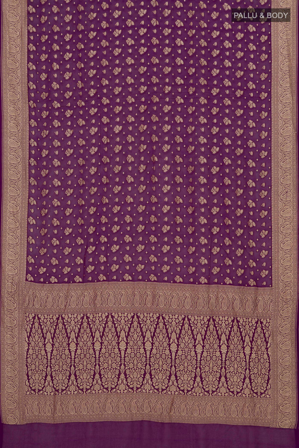 Flat view of Purple Banarasi Georgette Saree with Zari Butta on the body and Fancy Border. 