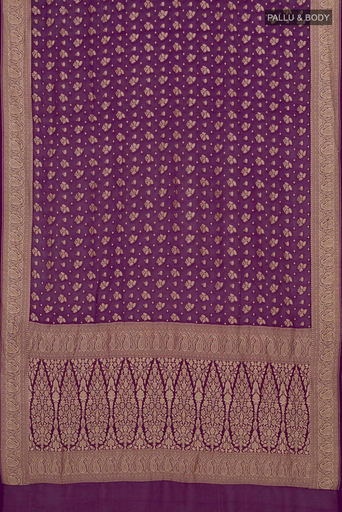 Flat view of Purple Banarasi Georgette Saree with Zari Butta on the body and Fancy Border. 