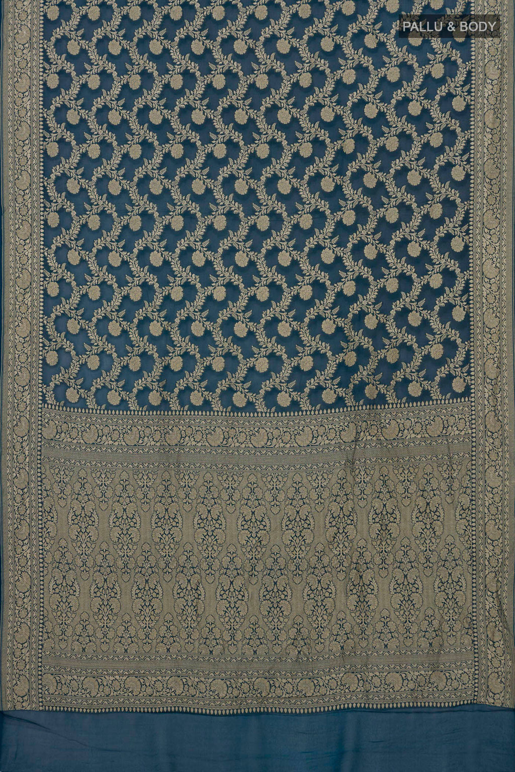 Flat view of Blue Georgette Saree with Fancy on the body and Fancy Border. 