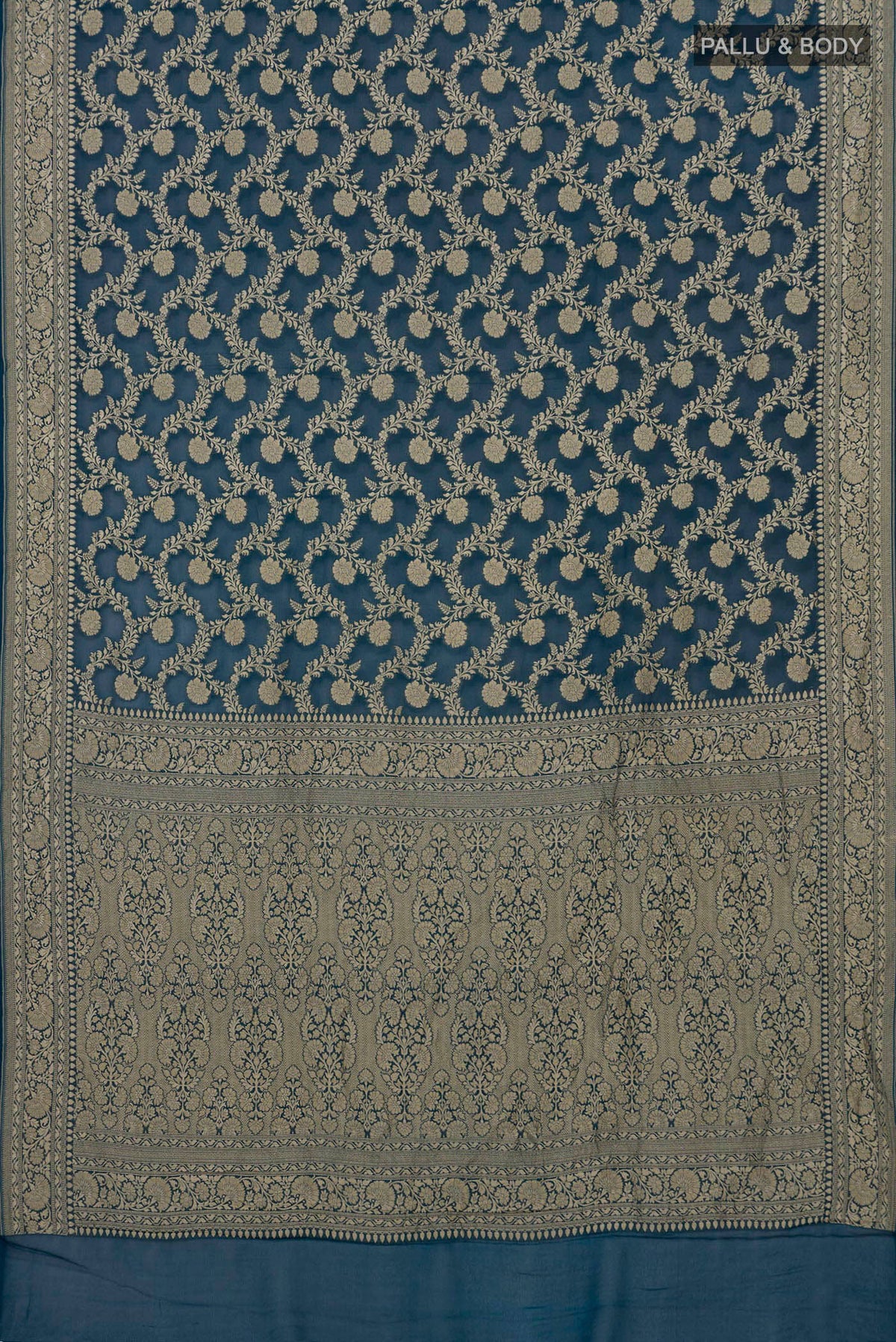 Flat view of Blue Georgette Saree with Fancy on the body and Fancy Border. 