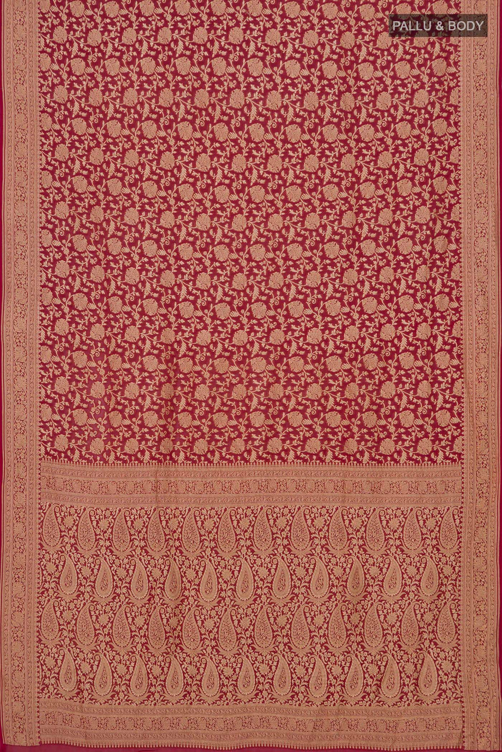 Flat view of Red Georgette Saree with Fancy on the body and Fancy Border. 