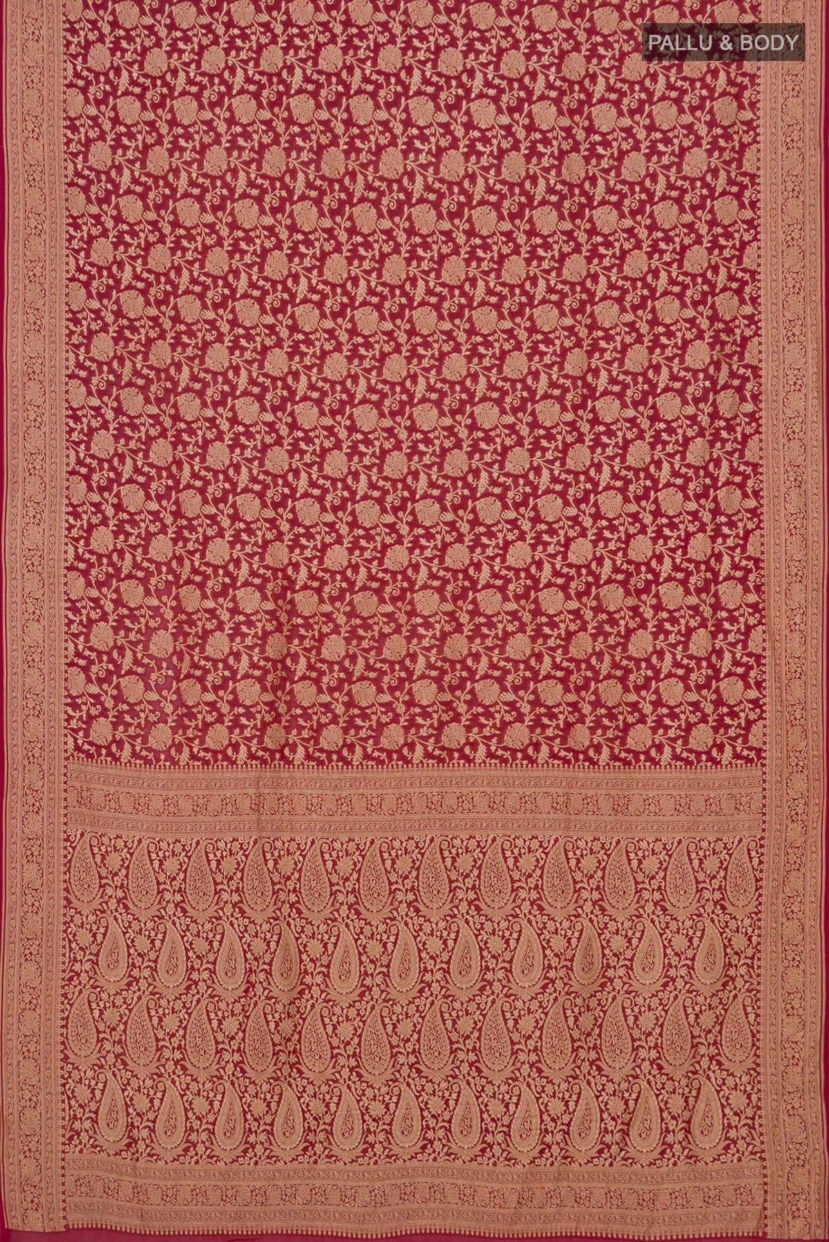 Flat view of Red Georgette Saree with Fancy on the body and Fancy Border. 