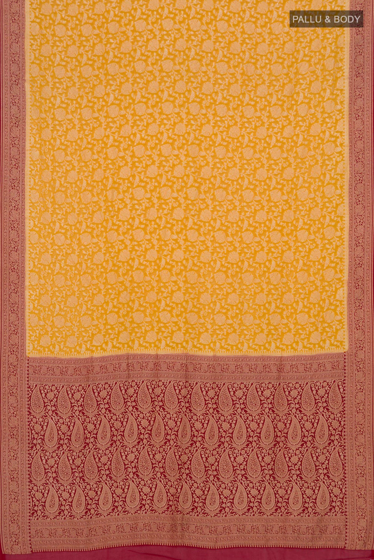 Flat view of Yellow Banarasi Georgette Saree with Zari Brocade on the body and Fancy Border. 