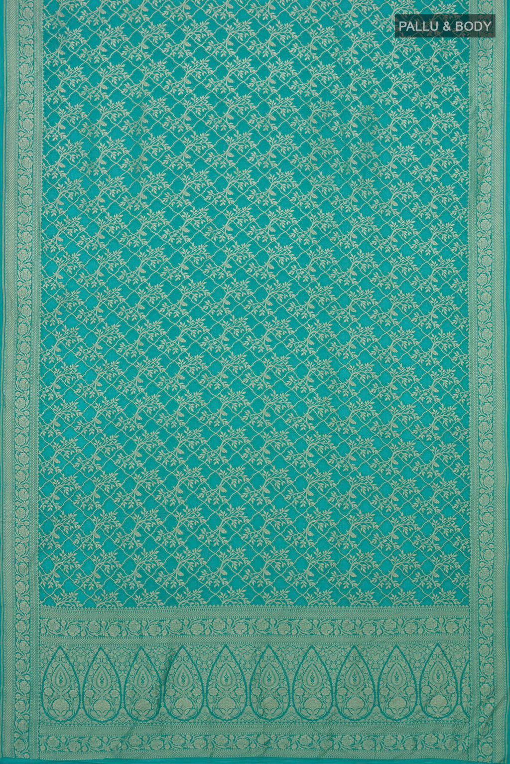 Flat view of Turquoise Banarasi Georgette Saree with Zari Brocade on the body and Fancy Border. 