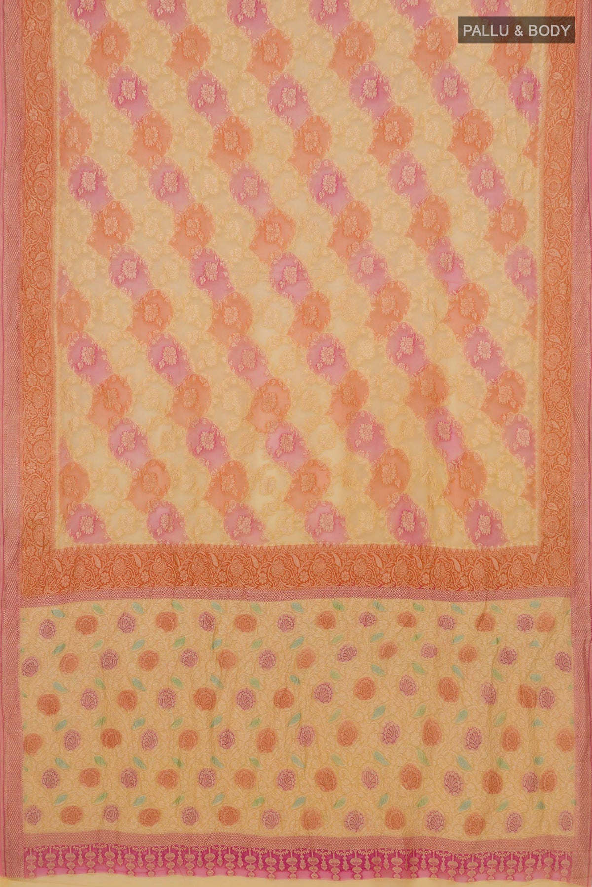 Flat view of Multi Color Georgette Saree with Fancy on the body and Fancy Border. 