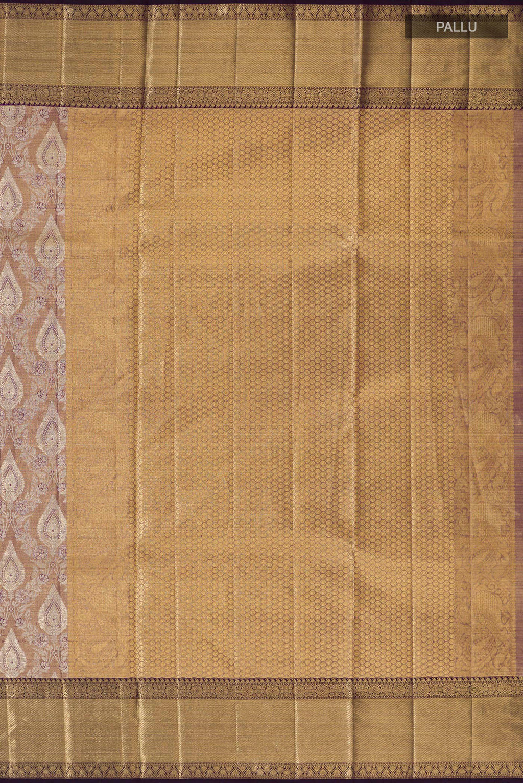 Close up image of the pallu of Gold with Purple Color Kanjivaram Tissue Saree with Zari Brocade on the body and Zari Border. 
