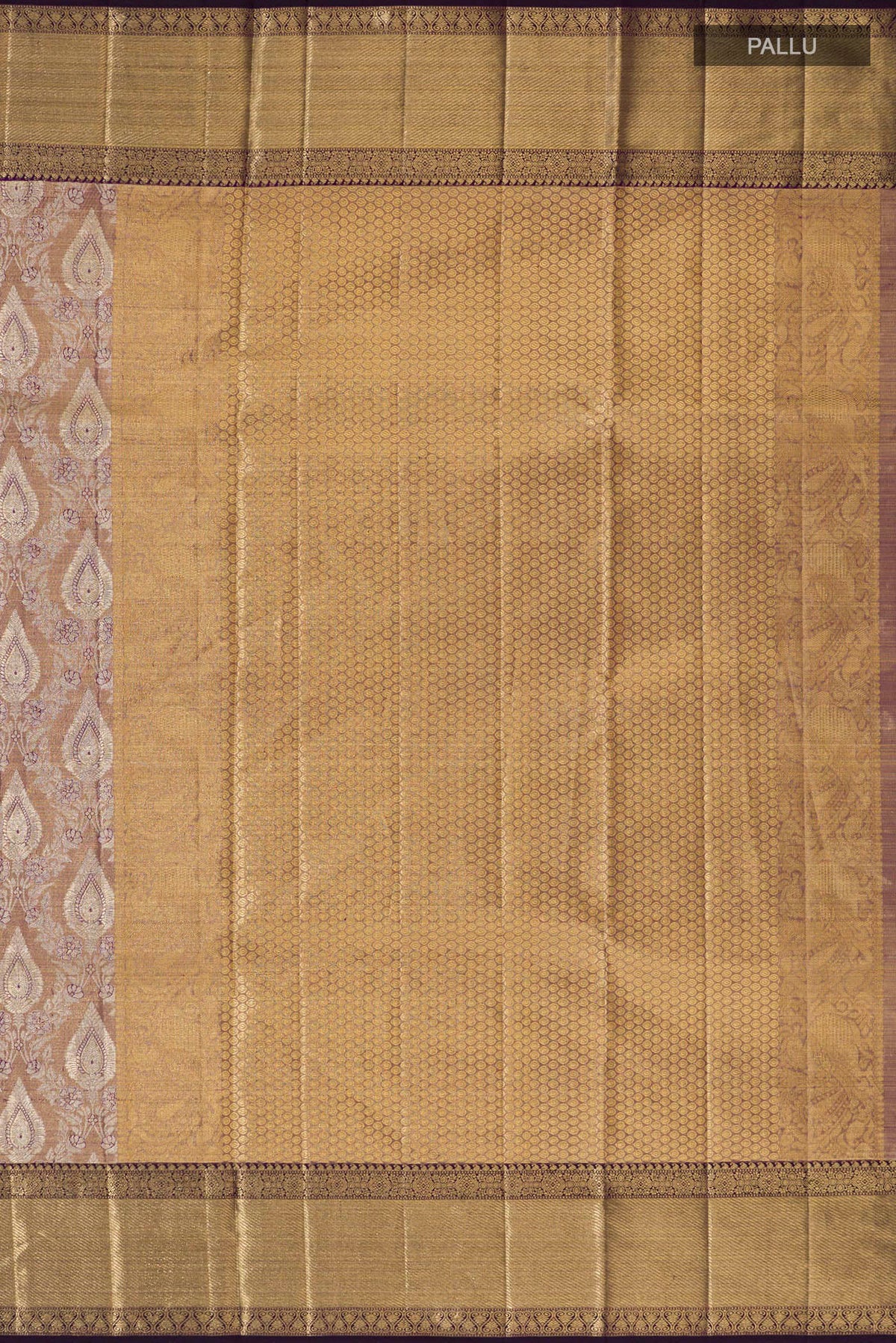 Close up image of the pallu of Gold with Purple Color Kanjivaram Tissue Saree with Zari Brocade on the body and Zari Border. 