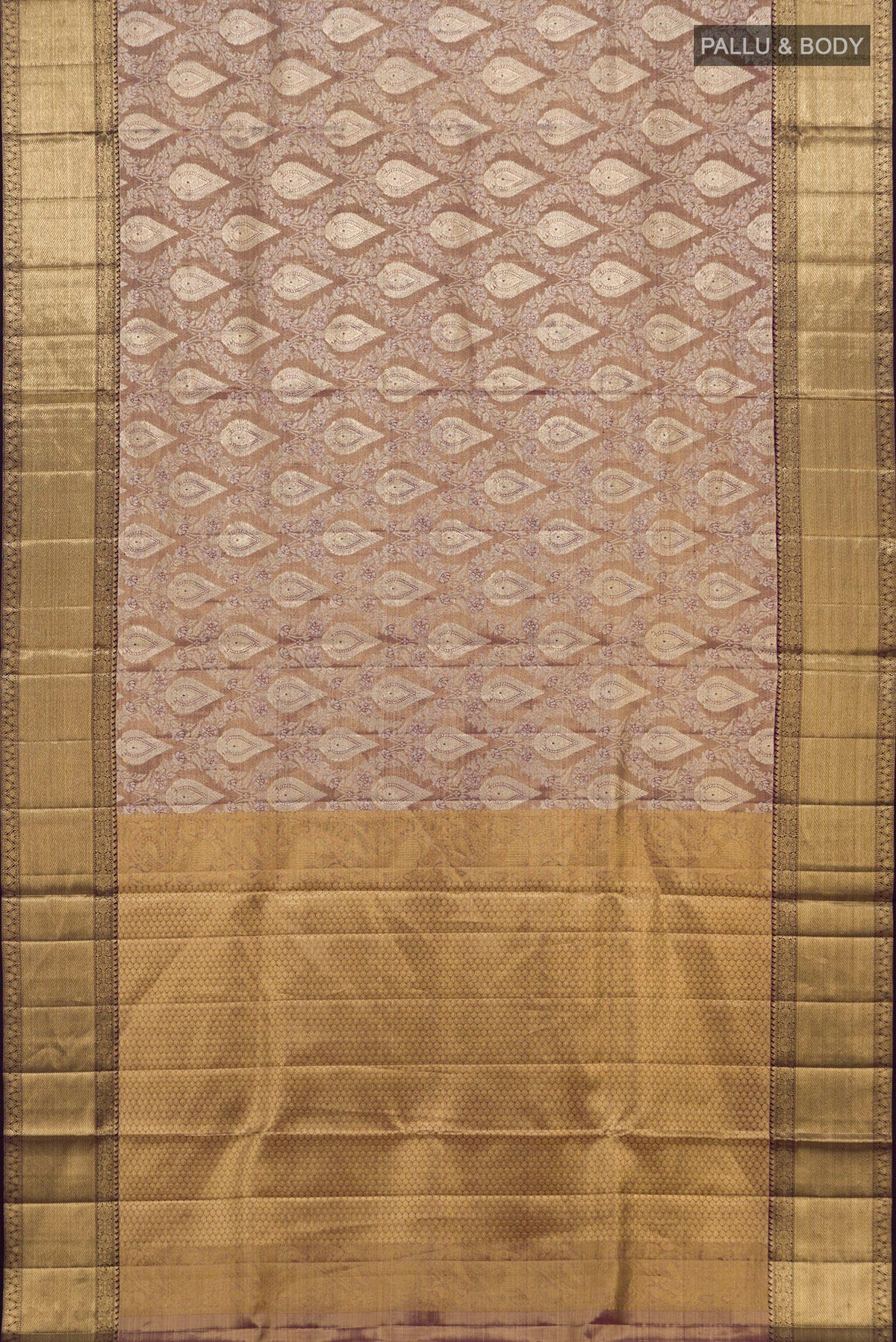 Flat view of Gold with Purple Color Kanjivaram Tissue Saree with Zari Brocade on the body and Zari Border. 