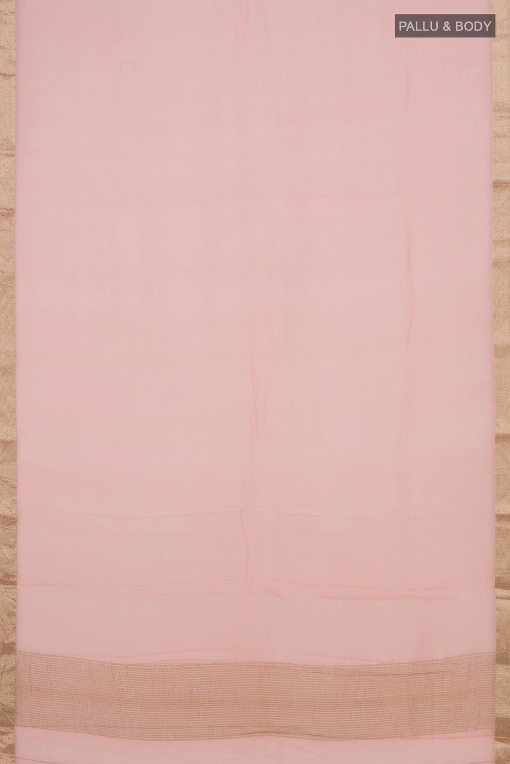 Flat view of Peach Mysore Chiffon Saree with Plain Body and Zari Border. 