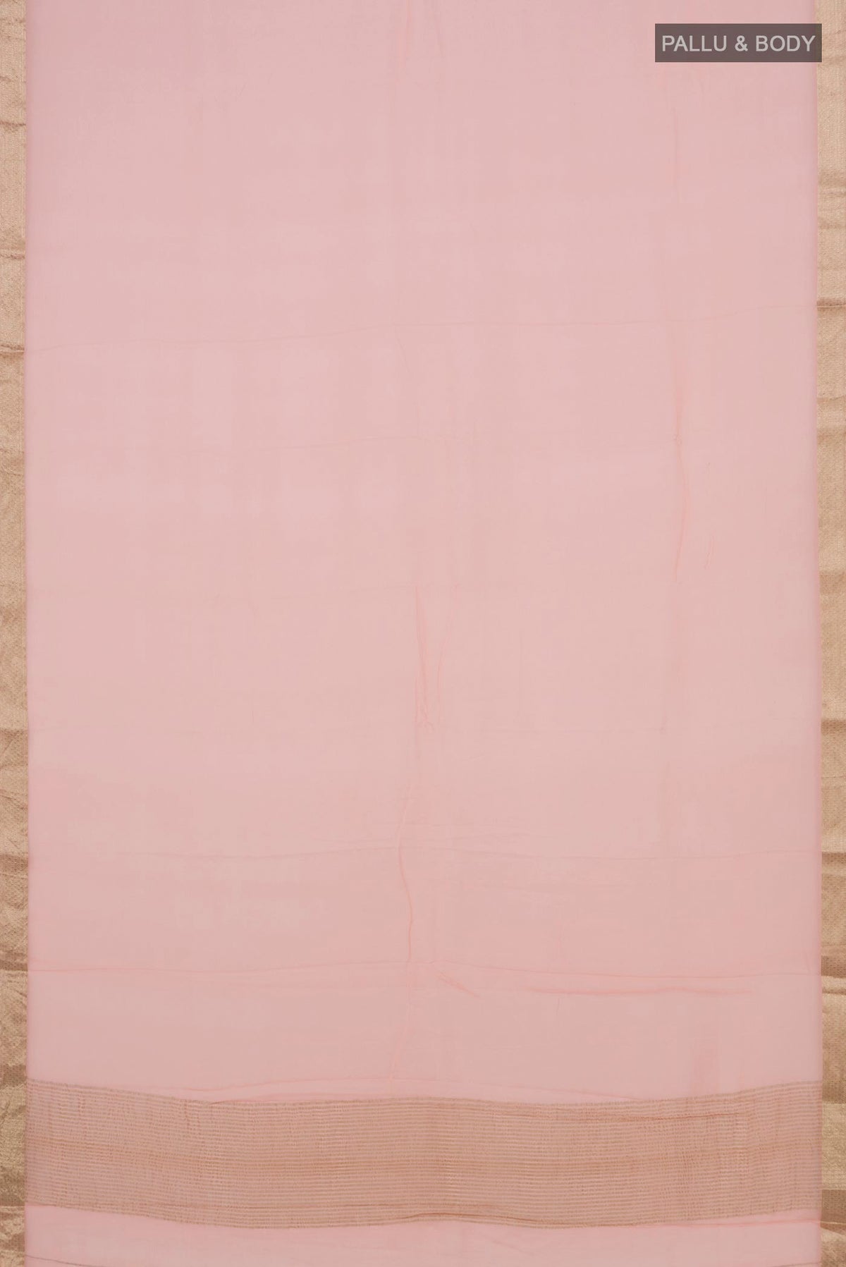 Flat view of Peach Mysore Chiffon Saree with Plain Body and Zari Border. 