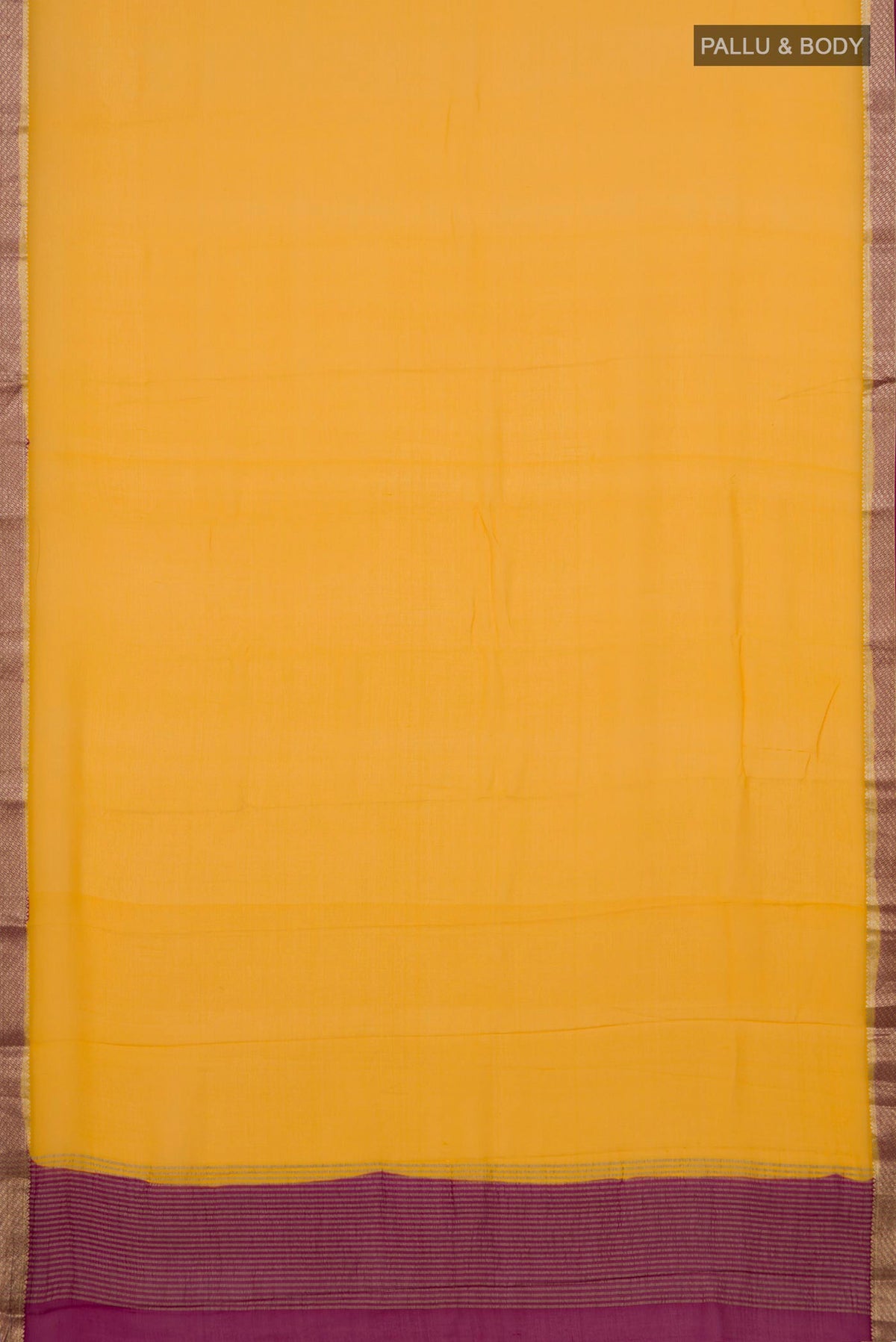 Flat view of Yellow Mysore Chiffon Saree with Plain Body and Zari Border. 