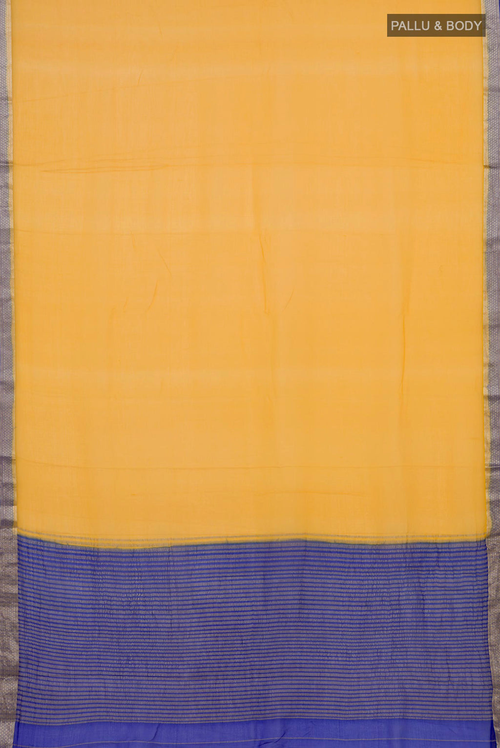 Flat view of Yellow Mysore Chiffon Saree with Plain Body and Zari Border. 