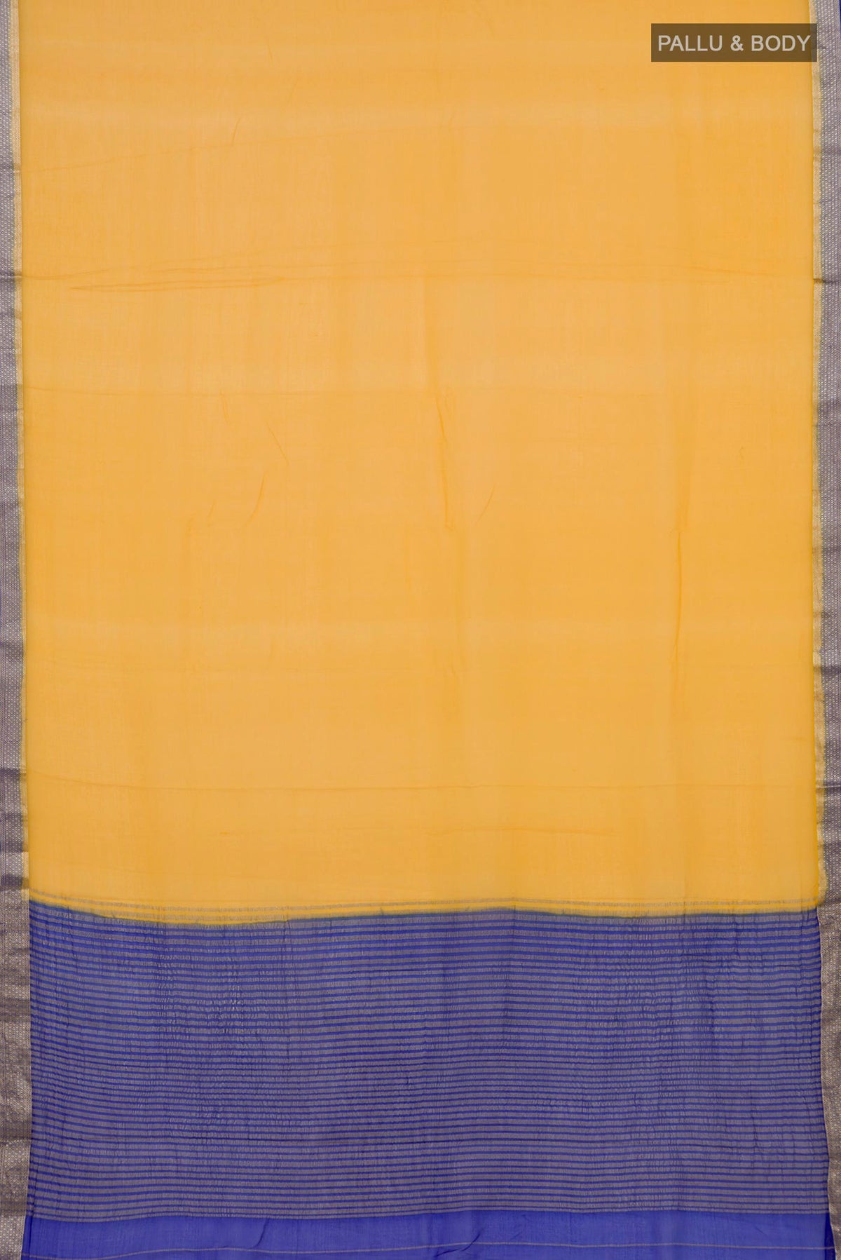 Flat view of Yellow Mysore Chiffon Saree with Plain Body and Zari Border. 