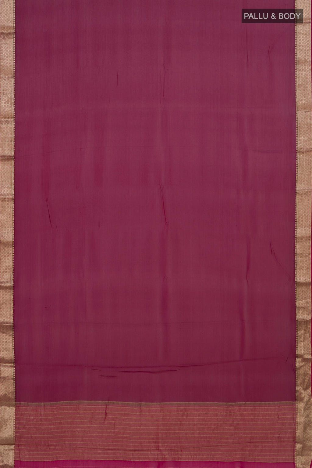 Flat view of Magenta Mysore Chiffon Saree with Plain Body and Zari Border. 