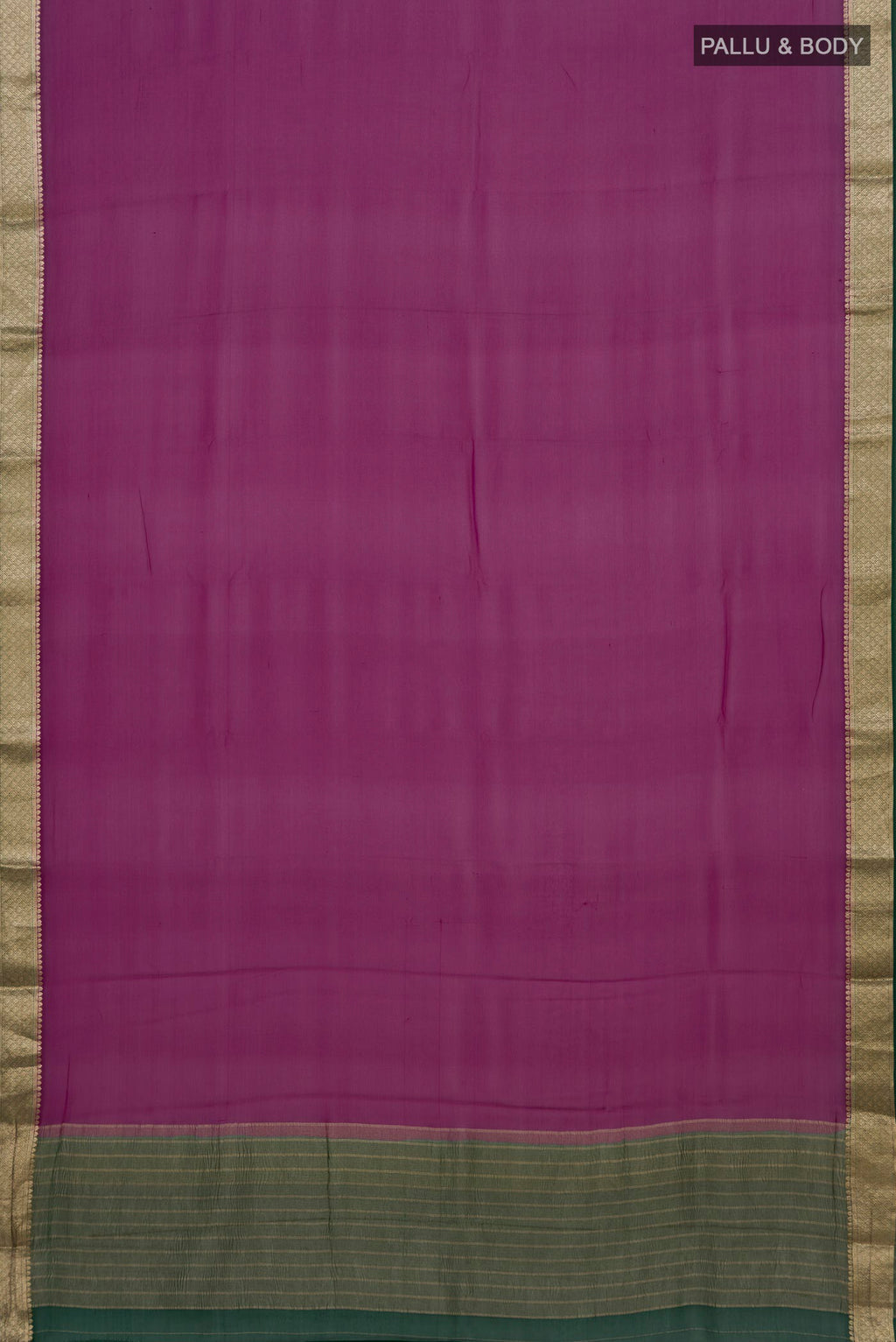 Flat view of Magenta Mysore Chiffon Saree with Plain Body and Zari Border. 