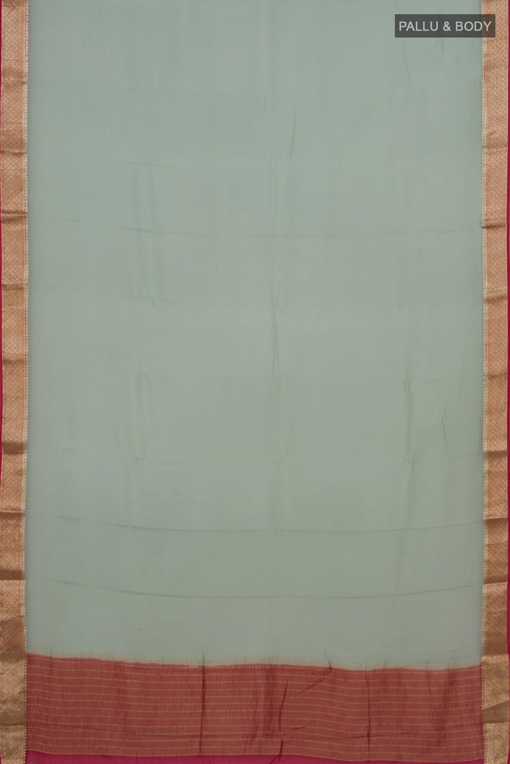 Flat view of Pista Green Mysore Chiffon Saree with Plain Body and Zari Border. 