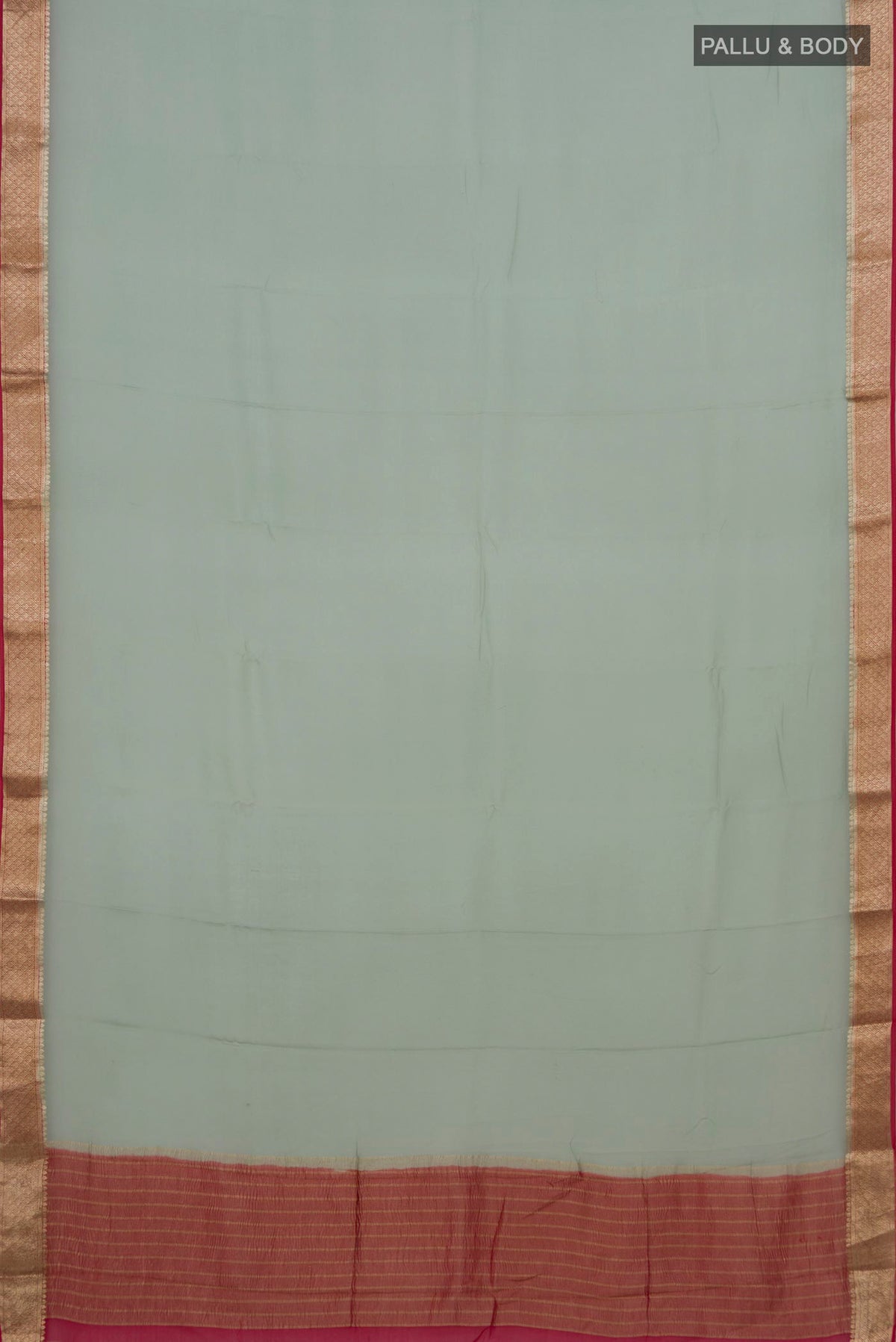 Flat view of Pista Green Mysore Chiffon Saree with Plain Body and Zari Border. 