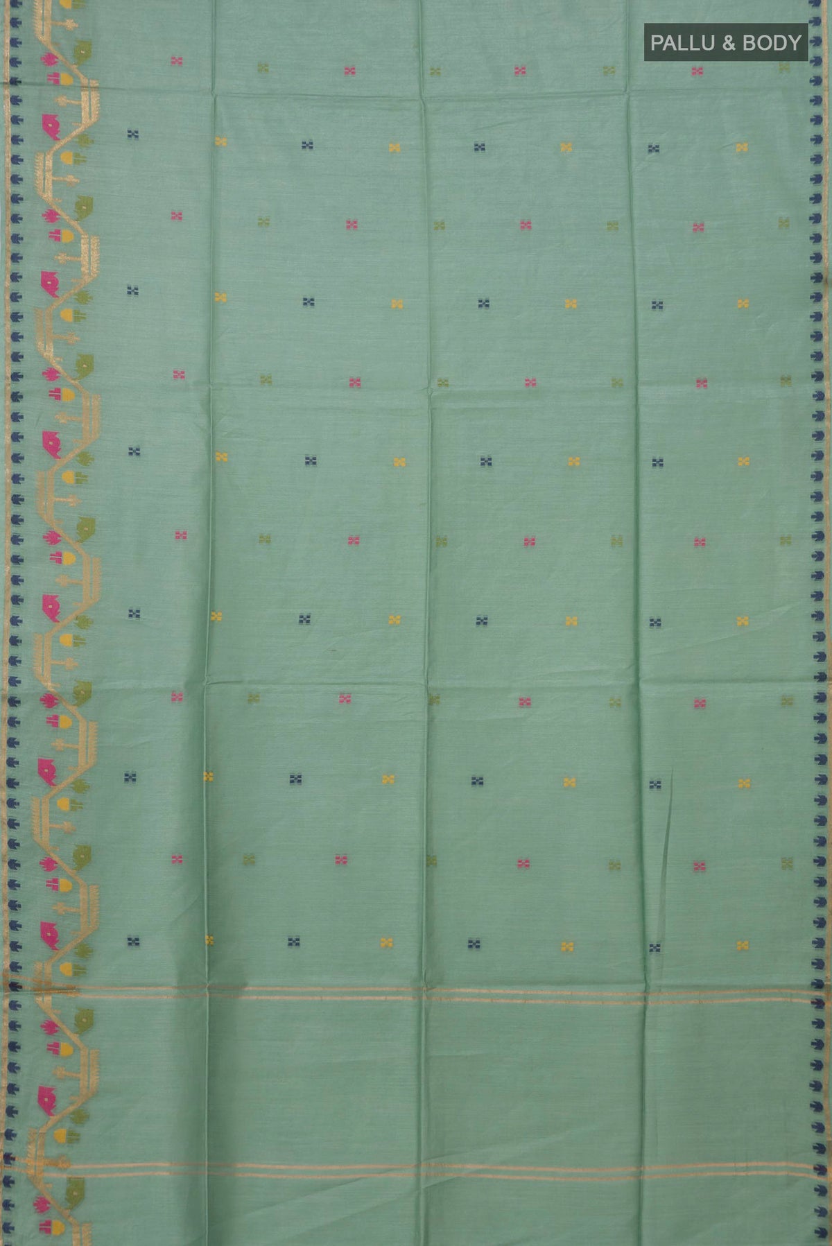 Flat view of Light Green Tussar Saree with Thread Butta on the body and Thread Border. 