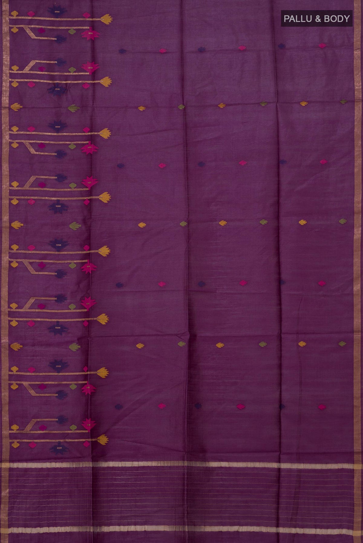 Flat view of Pure Silk Purple Tussar Saree with Thread Butta on the body and Thin Zari Line. 