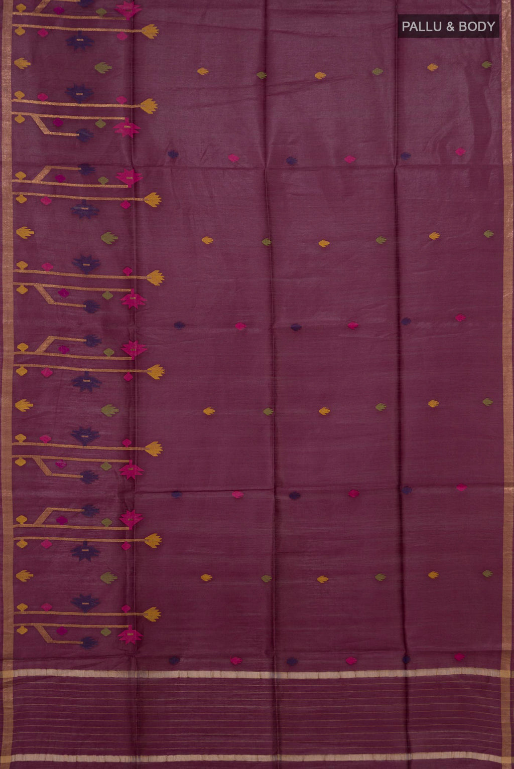Flat view of Brown Tussar Saree with Thread Butta on the body and Zari Border. 