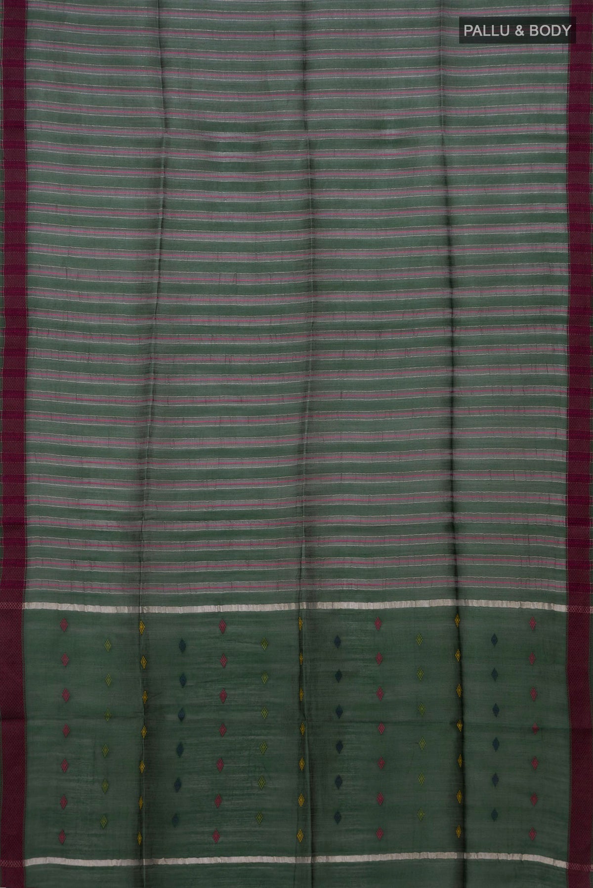 Flat view of Pure Silk Green Tussar Saree with Thread Butta on the body and Thread Border. 