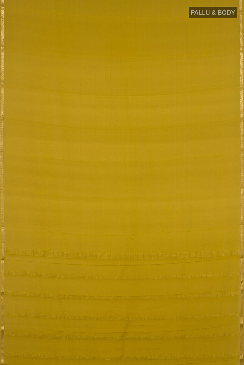 Flat view of Mehandi Green Mysore Crepe Saree with Plain Body and Thin Zari Line. 
