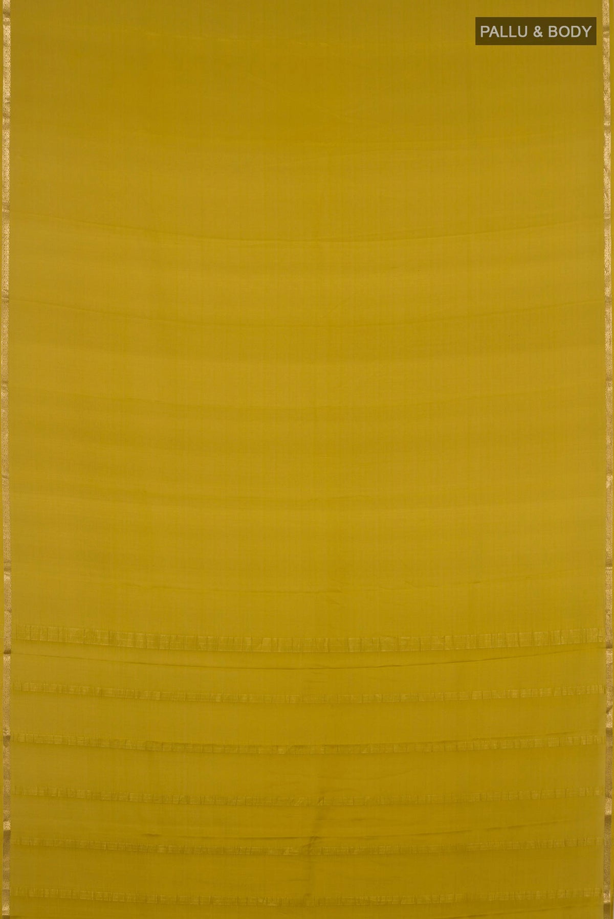 Flat view of Mehandi Green Mysore Crepe Saree with Plain Body and Thin Zari Line. 