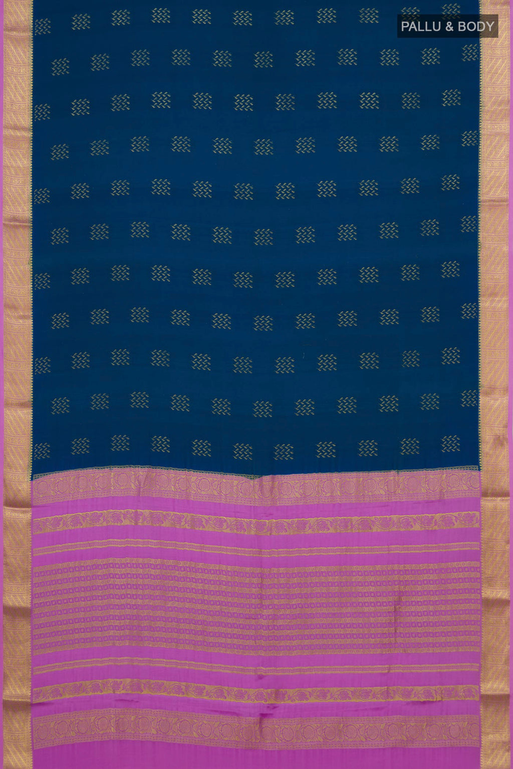 Flat view of Blue Mysore Crepe Saree with Zari Butta on the body and Zari Border. 