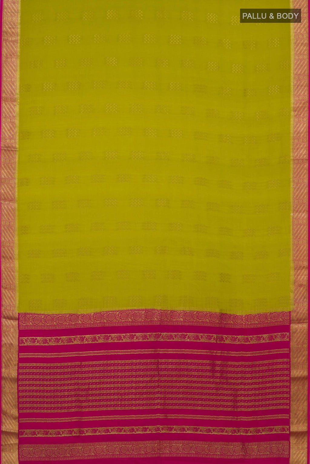 Flat view of Green Mysore Crepe Saree with Zari Butta on the body and Zari Border. 