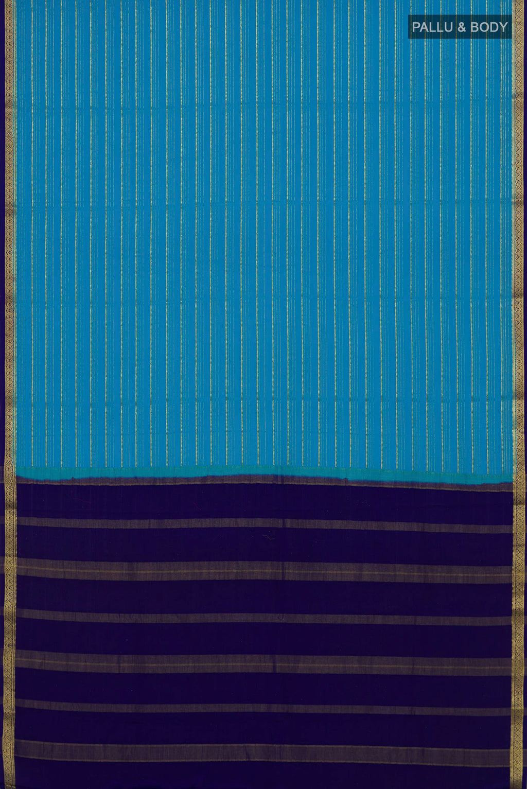 Flat view of Light Blue Mysore Crepe Saree with Stripes on the body and Zari Border. 
