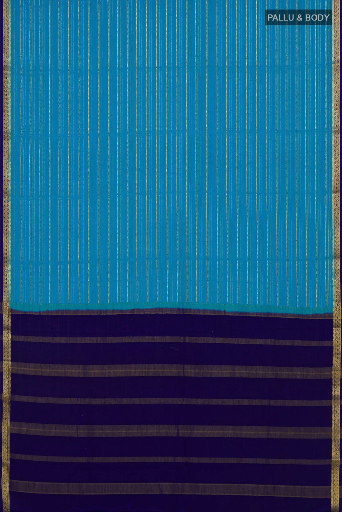 Flat view of Light Blue Mysore Crepe Saree with Stripes on the body and Zari Border. 