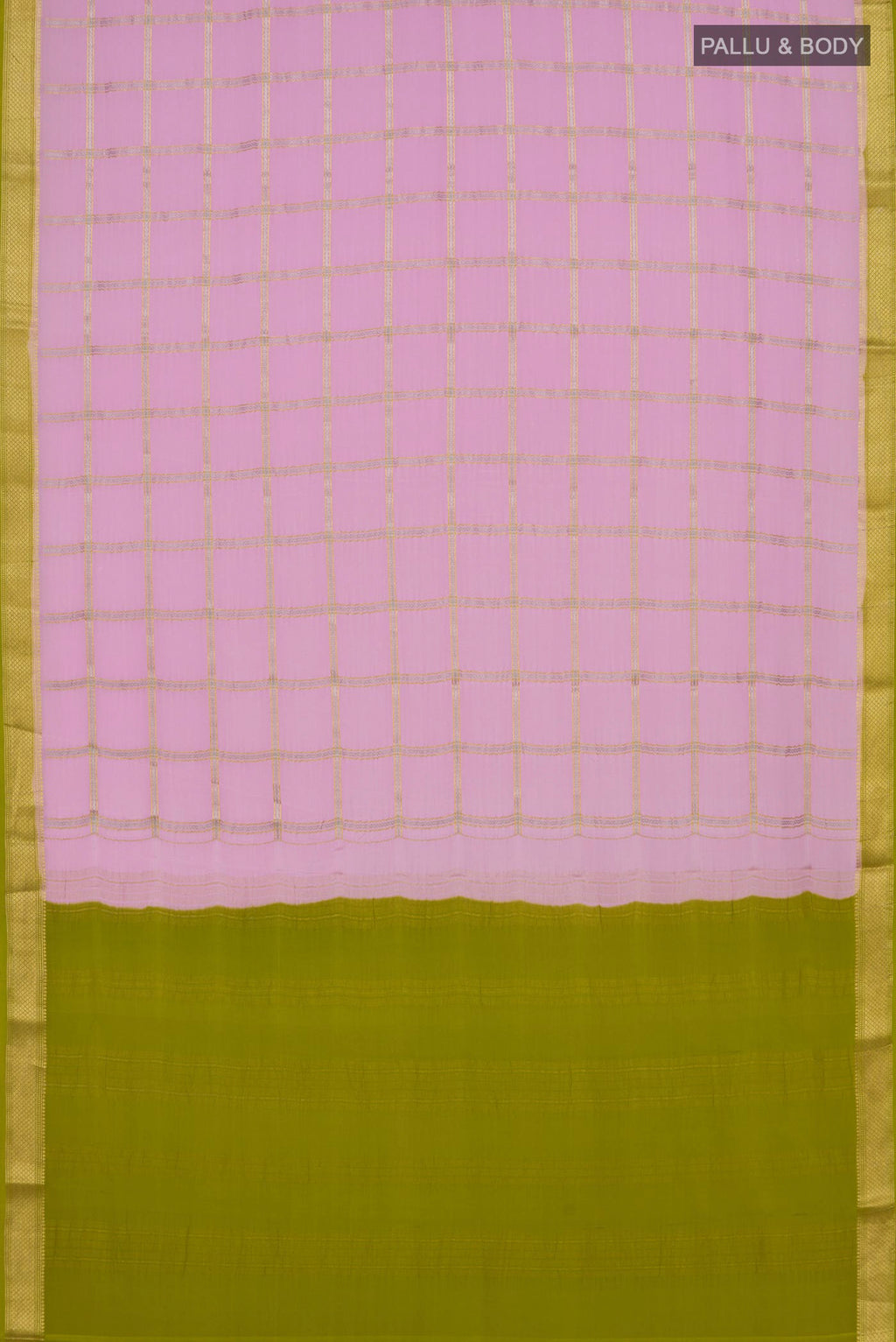 Flat view of Pink Crepe Saree with Checked design on the body and Zari Border. 
