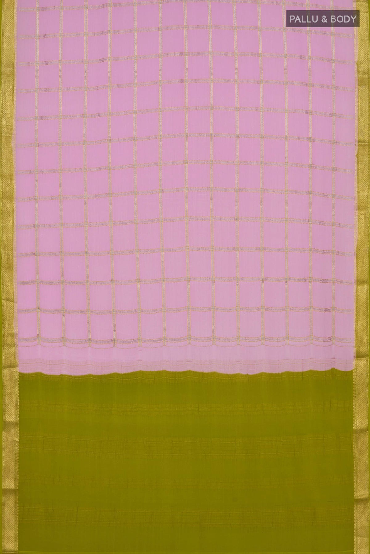 Flat view of Pink Crepe Saree with Checked design on the body and Zari Border. 